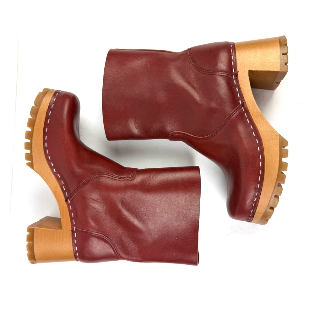 Swedish Hasbeens Plain Boot 36 Dark Red Leather Pull On Mid Calf Bootie US 6